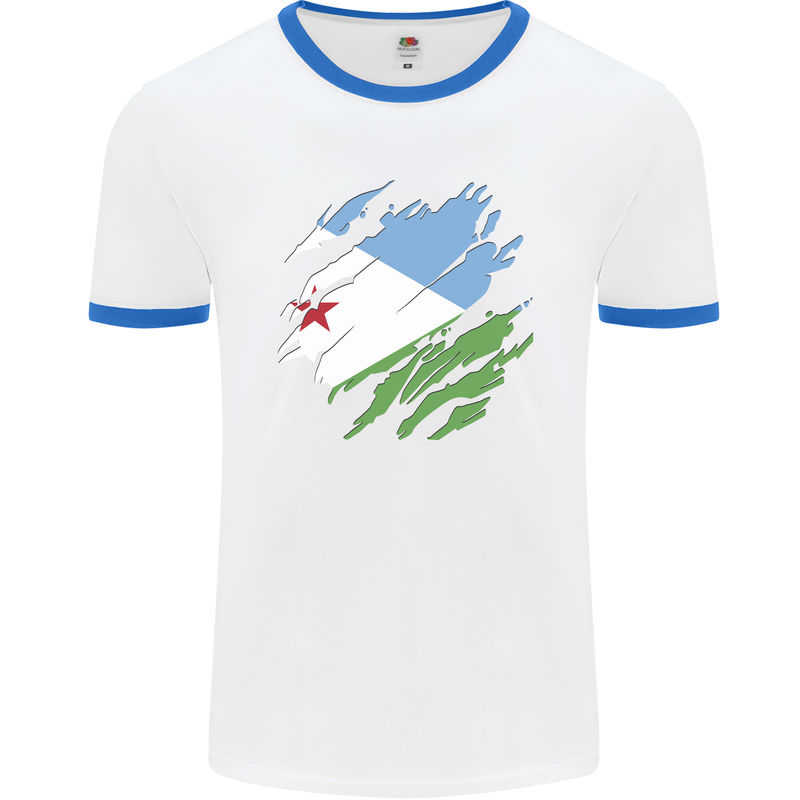 Torn Djibouti Flag Djiboutians Day Football Mens Ringer T-Shirt White/Royal Blue