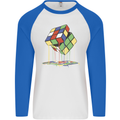 Dripping Rubik Cube Funny Puzzle Mens L/S Baseball T-Shirt White/Royal Blue