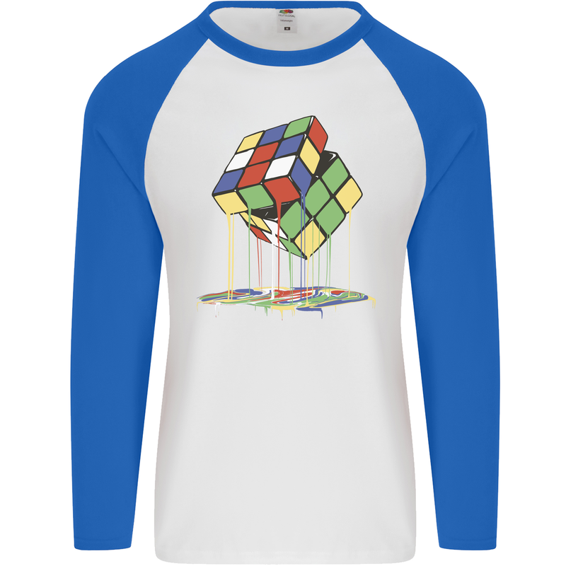 Dripping Rubik Cube Funny Puzzle Mens L/S Baseball T-Shirt White/Royal Blue