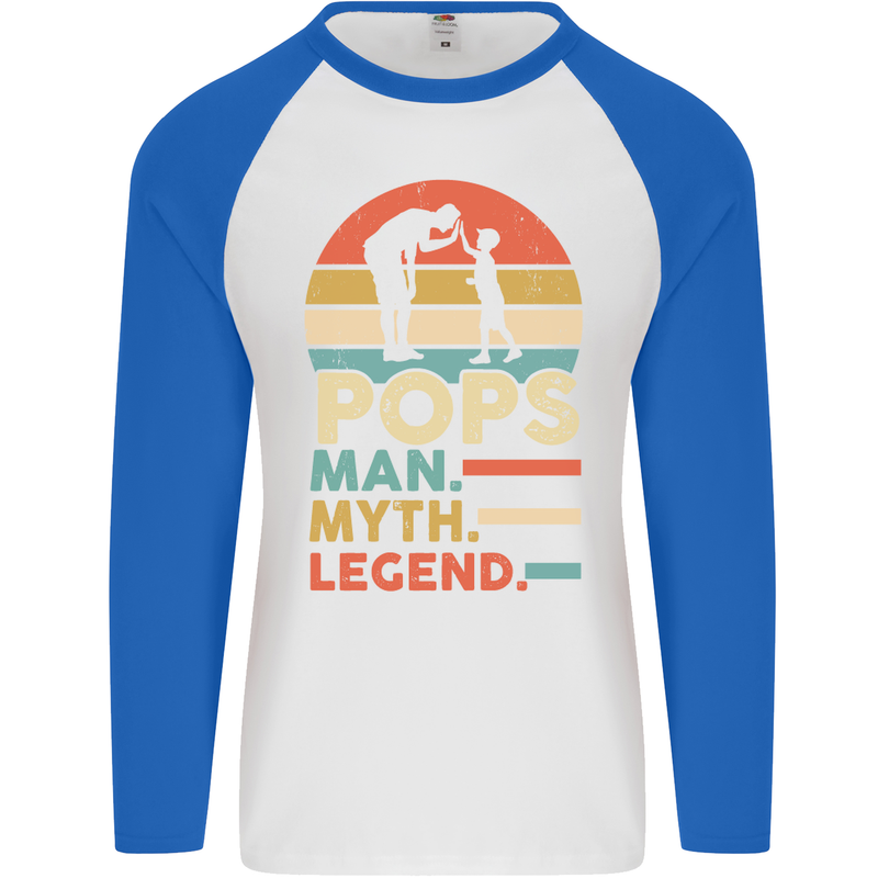 Pops Man Myth Legend Funny Fathers Day Mens L/S Baseball T-Shirt White/Royal Blue