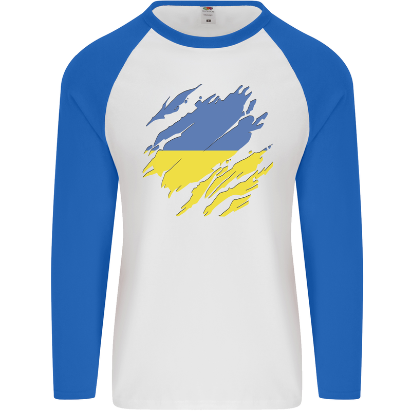 Torn Ukraine Flag Ukrainian Day Football Mens L/S Baseball T-Shirt White/Royal Blue