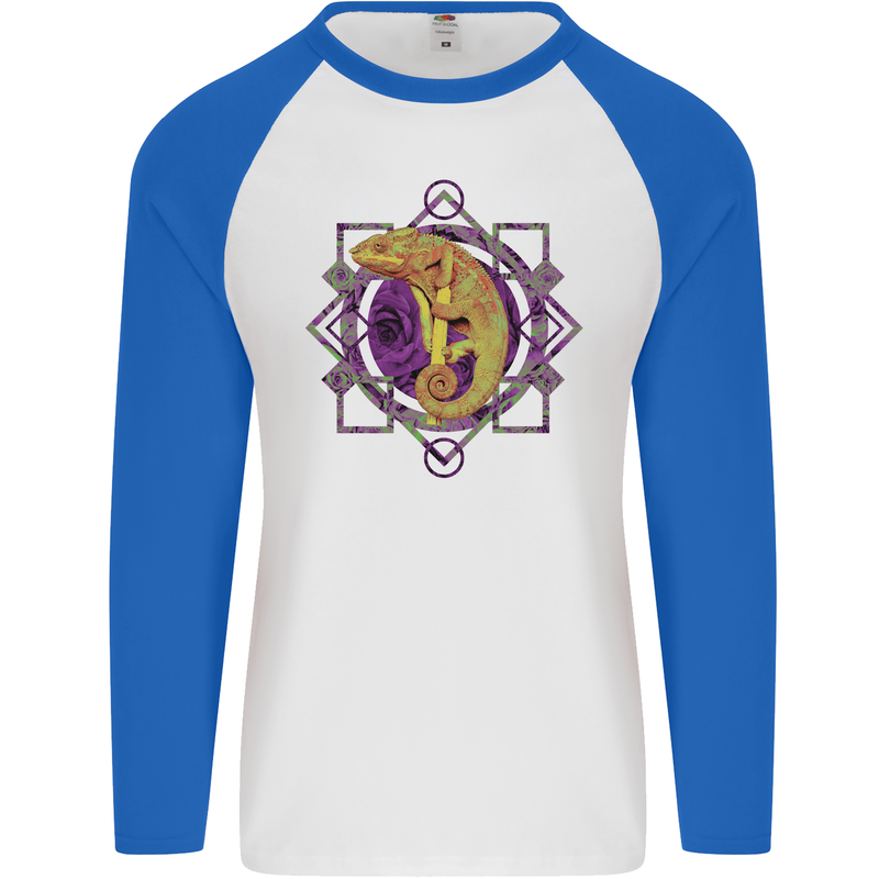A Geometric Chameleon Mens L/S Baseball T-Shirt White/Royal Blue