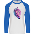 Watercolour Horse Mens L/S Baseball T-Shirt White/Royal Blue