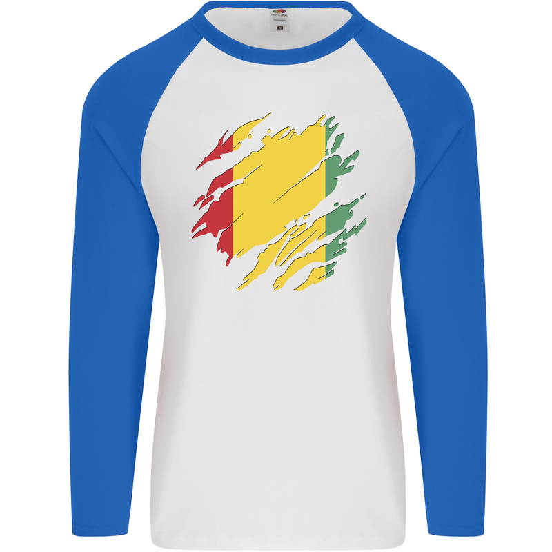 Torn Guinea Flag Guinean Day Football Mens L/S Baseball T-Shirt White/Royal Blue