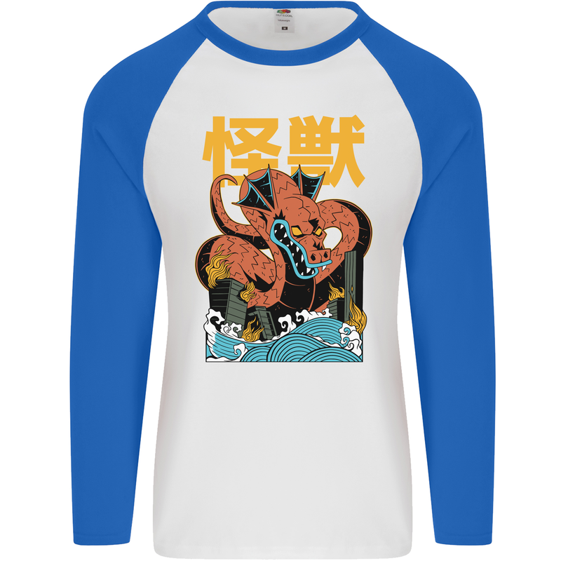 Kaiju Dragon King Ghidorah Japanese Monster Mens L/S Baseball T-Shirt White/Royal Blue