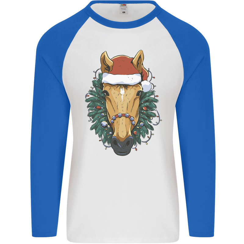 A Christmas Horse Equestrian Mens L/S Baseball T-Shirt White/Royal Blue