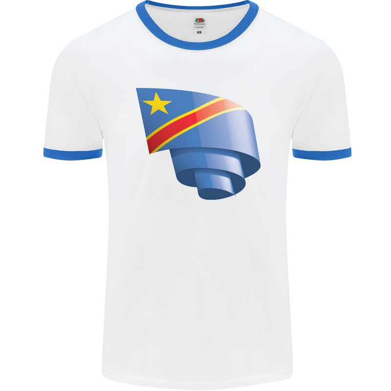 Curled DR Congo Flag Congolese Day Football Mens Ringer T-Shirt White/Royal Blue