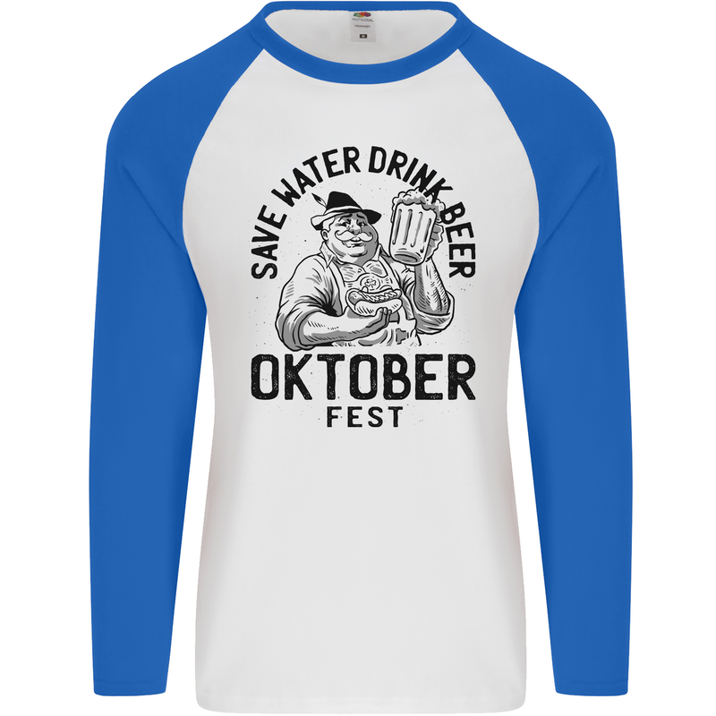 Oktoberfest Drink Beer Funny Alcohol Mens L/S Baseball T-Shirt White/Royal Blue