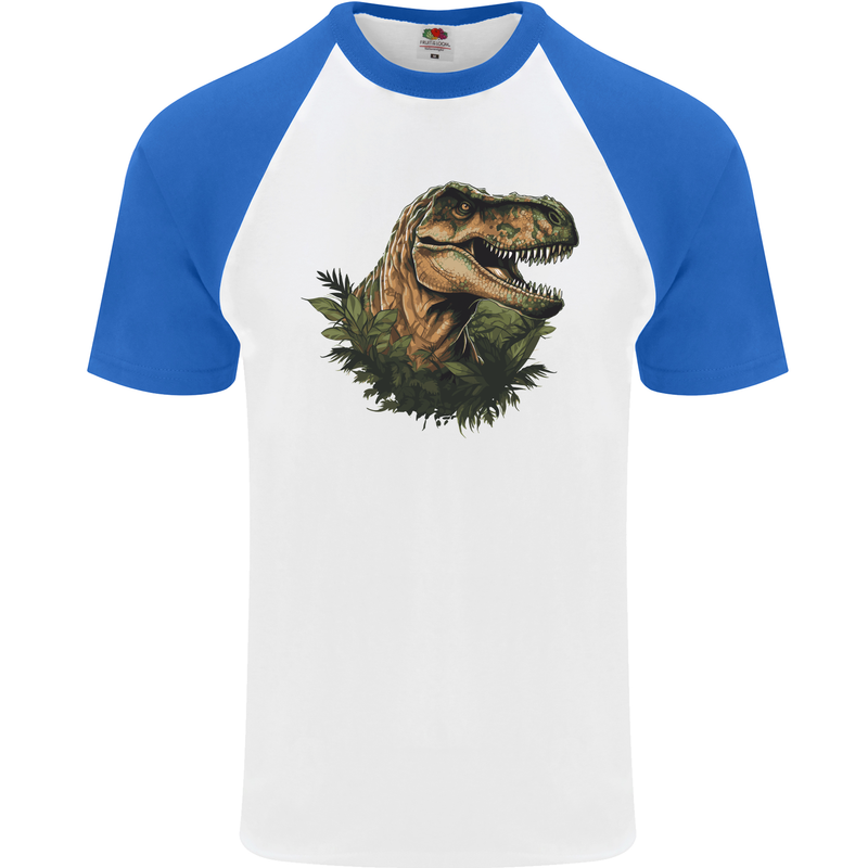 T-Rex Head in Foliage Dinosaur Mens S/S Baseball T-Shirt White/Royal Blue