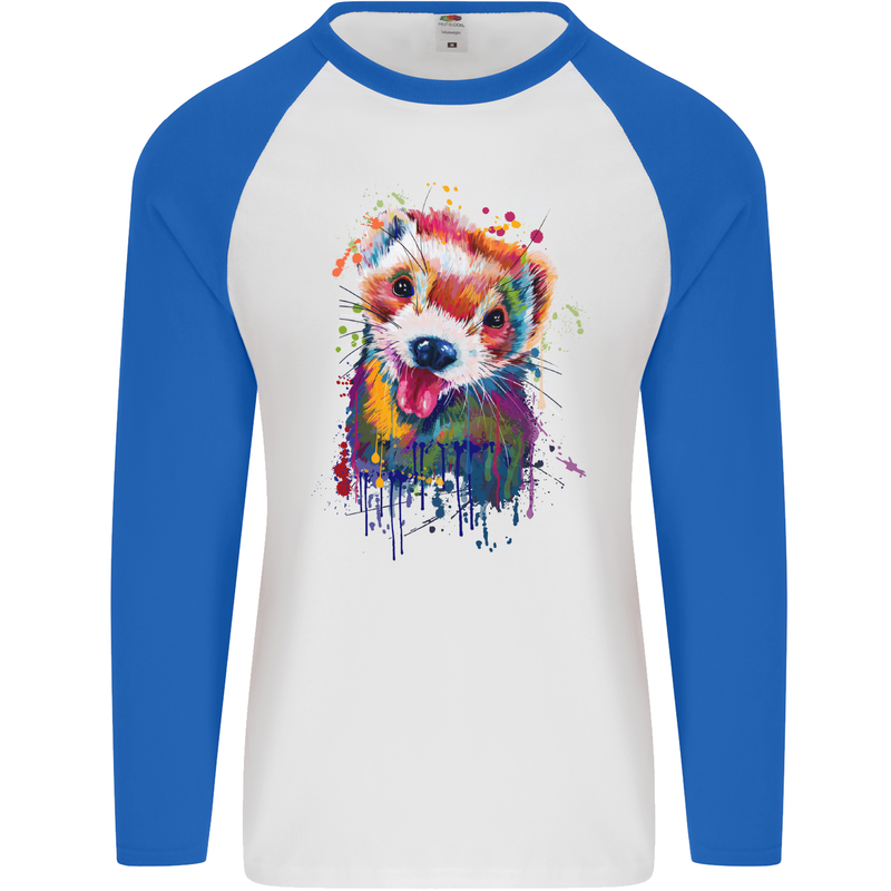 Ferret Watercolour Mens L/S Baseball T-Shirt White/Royal Blue