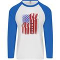 USA Guitar Flag Guitarist Electric Acoustic Mens L/S Baseball T-Shirt White/Royal Blue