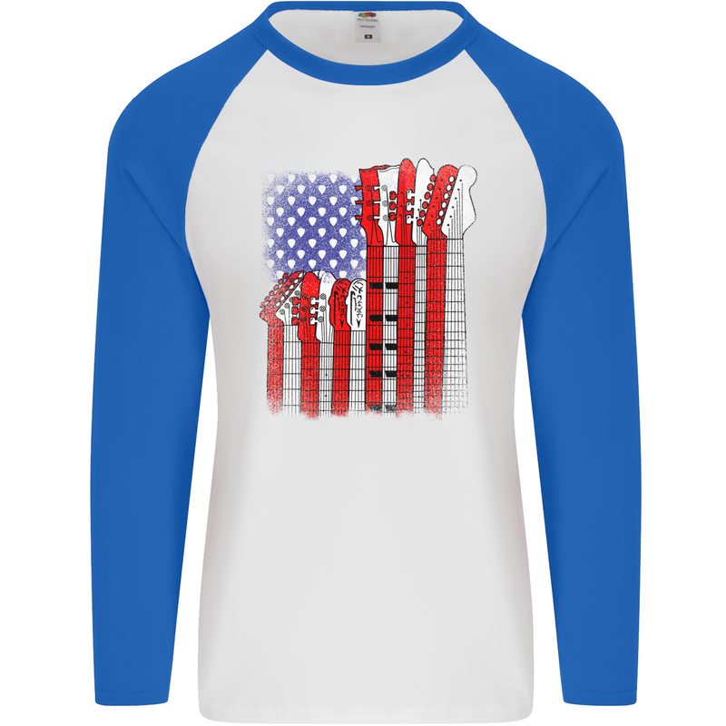 USA Guitar Flag Guitarist Electric Acoustic Mens L/S Baseball T-Shirt White/Royal Blue