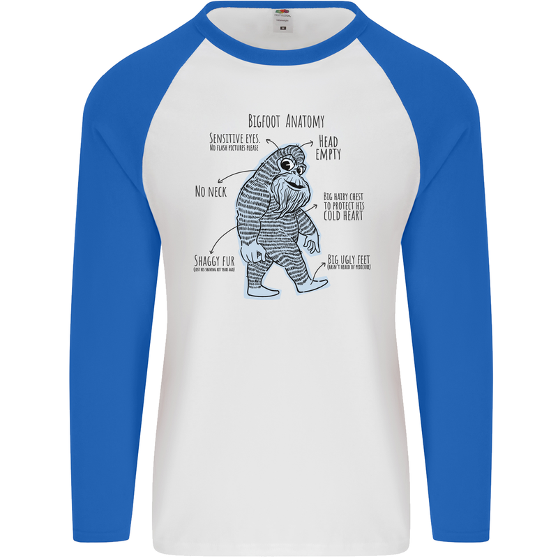 The Anatomy of Bigfoot Mens L/S Baseball T-Shirt White/Royal Blue