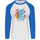 Torn Mongolia Flag Mongolian Day Football Mens L/S Baseball T-Shirt White/Royal Blue
