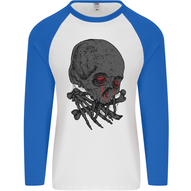 Crying Blood Skull Mens L/S Baseball T-Shirt White/Royal Blue