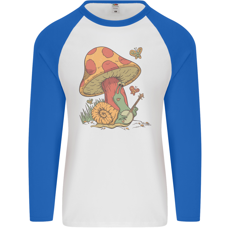 Snail Playing Guitar Rock Music Guitarist Mens L/S Baseball T-Shirt White/Royal Blue