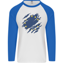 Torn EU Flag European Union Flag Football Mens L/S Baseball T-Shirt White/Royal Blue