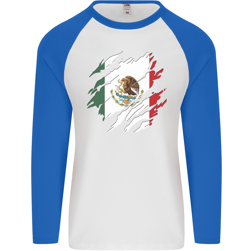 Torn Mexico Flag Mexican Day Football Mens L/S Baseball T-Shirt White/Royal Blue