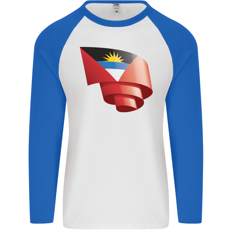 Curled Antigua and Barbuda Flag Day Football Mens L/S Baseball T-Shirt White/Royal Blue