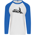 Trains Locomotive Steam Engine Trainspotting Mens L/S Baseball T-Shirt White/Royal Blue