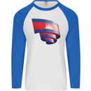 Curled Cambodia Flag Cambodian Day Football Mens L/S Baseball T-Shirt White/Royal Blue