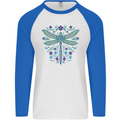 A Floral Dragonfly Mens L/S Baseball T-Shirt White/Royal Blue