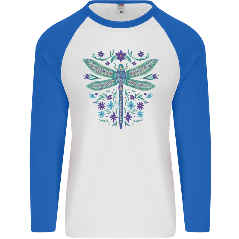 A Floral Dragonfly Mens L/S Baseball T-Shirt White/Royal Blue