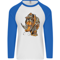 Steampunk Rhino Rhinoceros Mens L/S Baseball T-Shirt White/Royal Blue