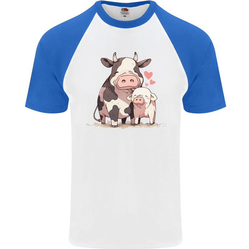 Love is a Cow and Pig Mens S/S Baseball T-Shirt White/Royal Blue