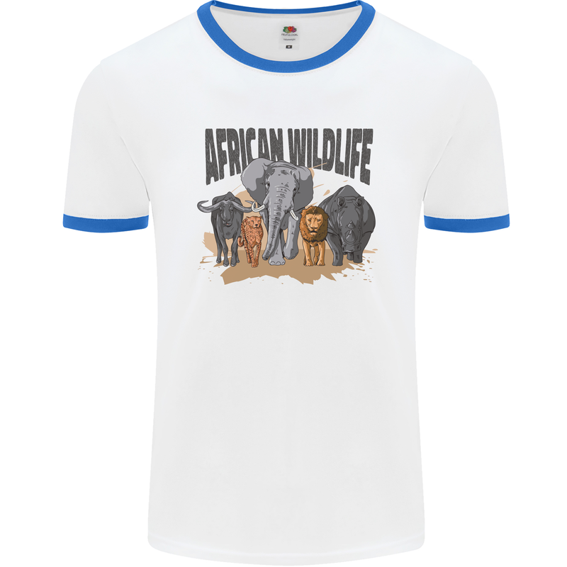 African Wildlife Elephant Lion Rhino Safari Mens Ringer T-Shirt White/Royal Blue