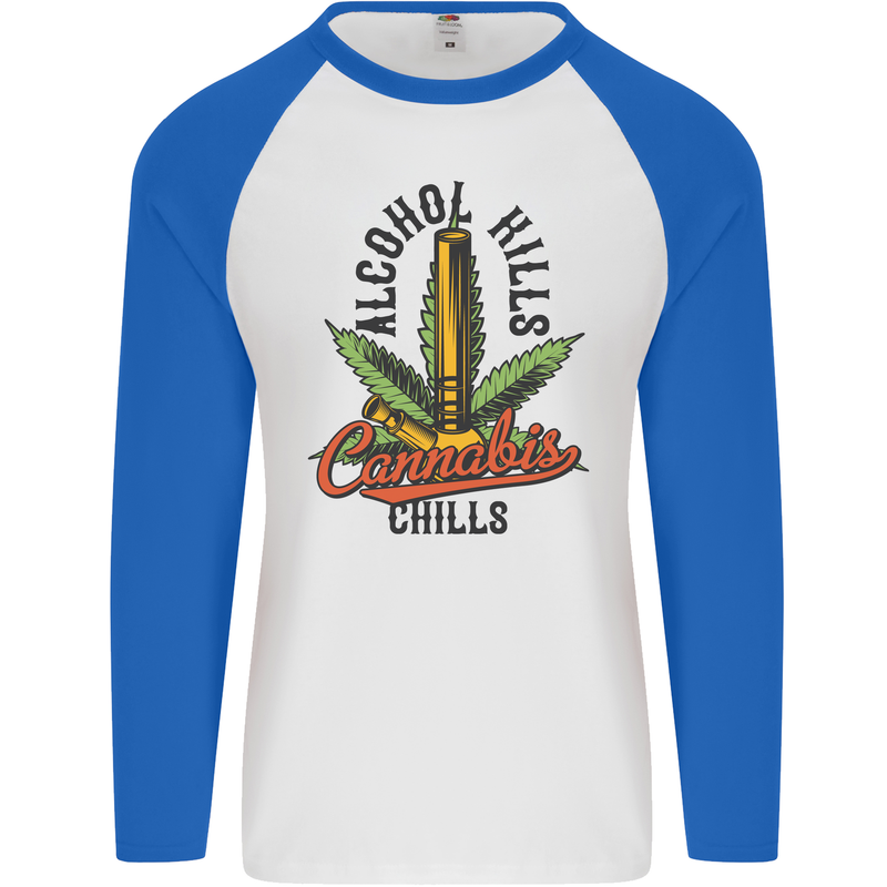 Alcohol Kills Cannabis Chills Weed Drugs Mens L/S Baseball T-Shirt White/Royal Blue