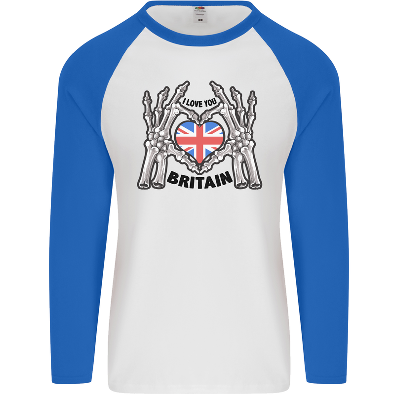 I Love You Great Britain Union Jack Flag UK Mens L/S Baseball T-Shirt White/Royal Blue