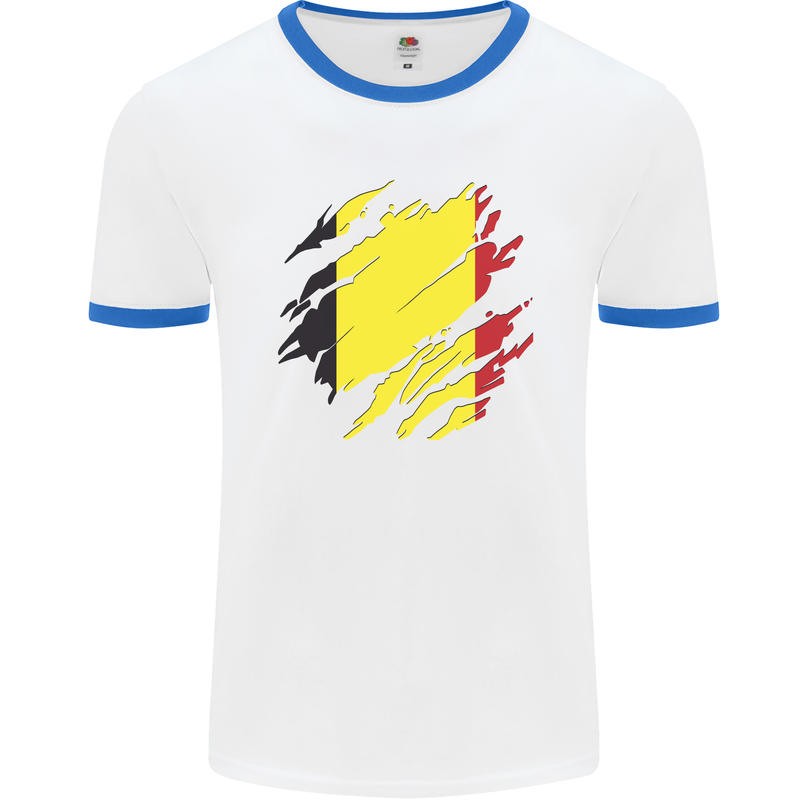 Torn Belgium Flag Belgian Day Football Mens Ringer T-Shirt White/Royal Blue