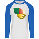 Curled Cameroon Flag Cameroonian Day Football Mens L/S Baseball T-Shirt White/Royal Blue