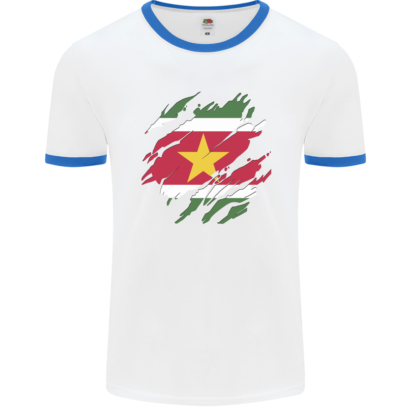 Torn Suriname Flag Suriname Day Football Mens Ringer T-Shirt White/Royal Blue