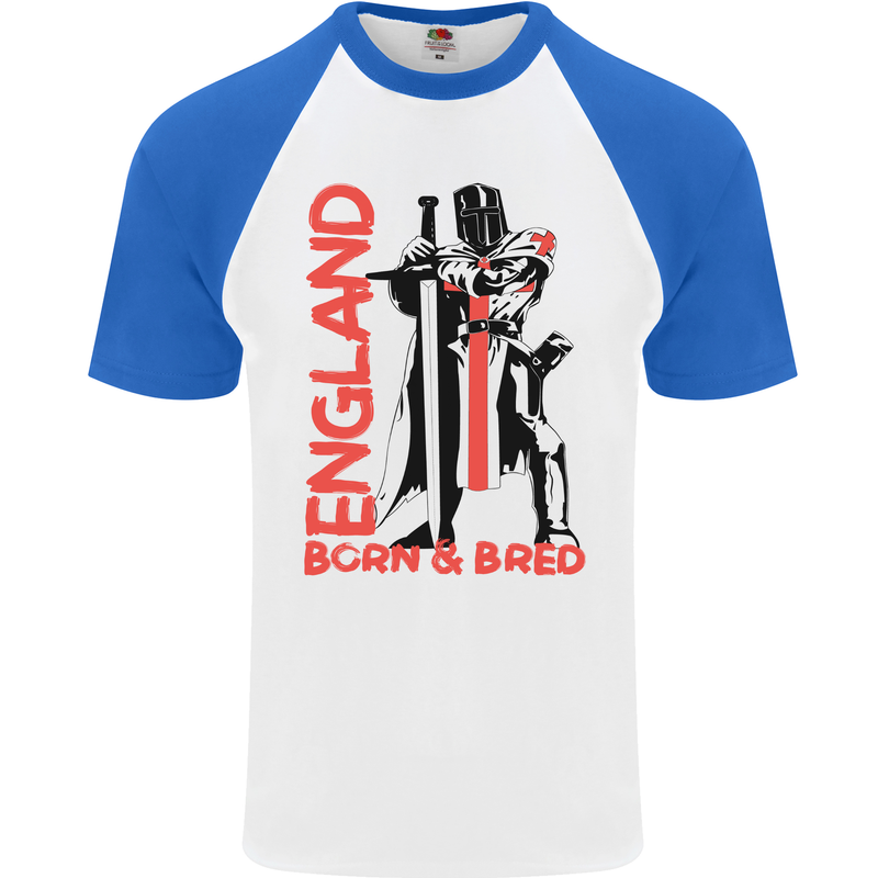 Born & Bred England St Georges Day Mens S/S Baseball T-Shirt White/Royal Blue