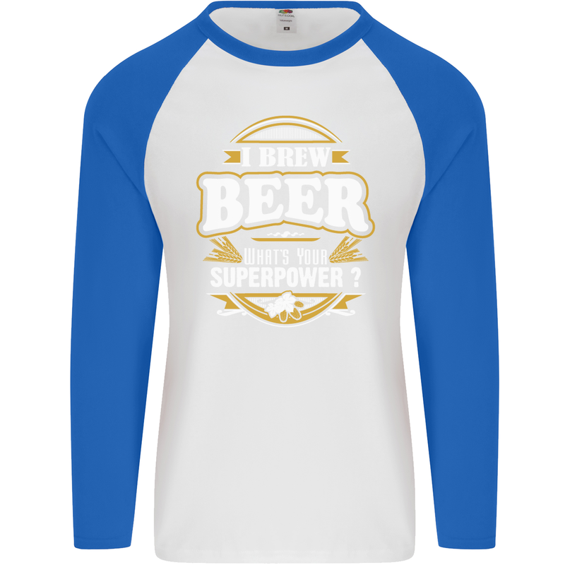 I Brew Beer What's Your Superpower? Alcohol Mens L/S Baseball T-Shirt White/Royal Blue