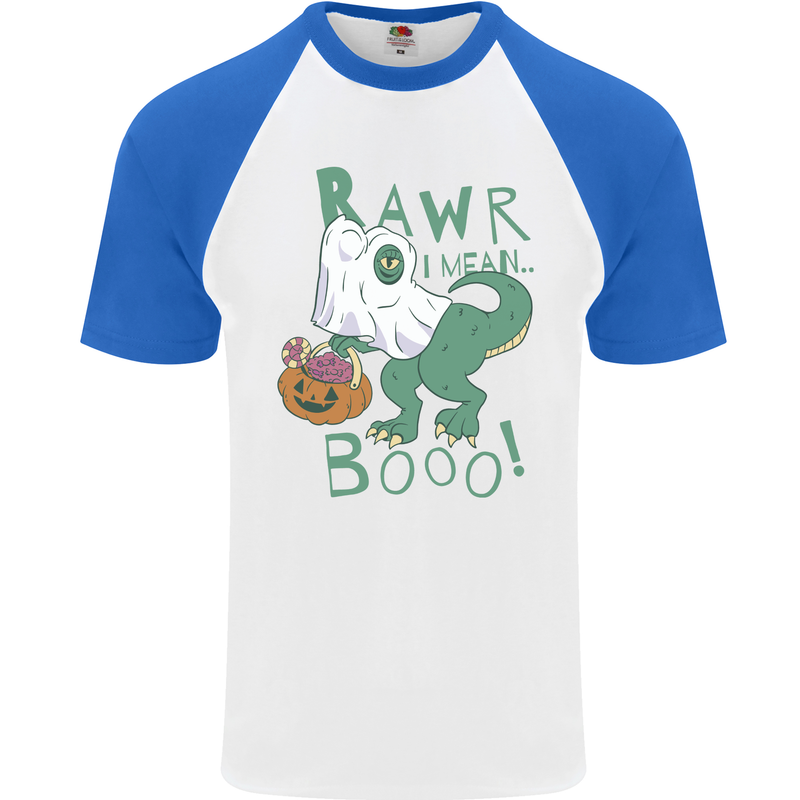 T-Rex RAWR I Mean Booo Halloween Dinosaur Mens S/S Baseball T-Shirt White/Royal Blue