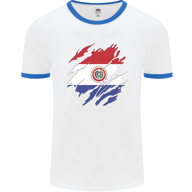 Torn Paraguay Flag Paraguayan Day Football Mens Ringer T-Shirt White/Royal Blue