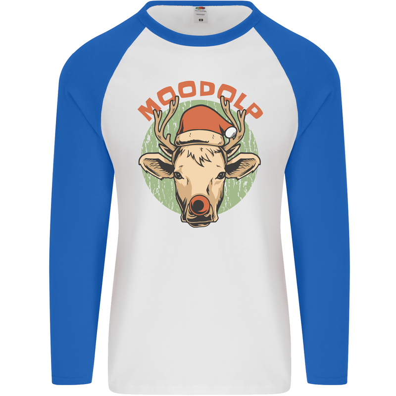 Moodolf Funny Rudolf Christmas Cow Mens L/S Baseball T-Shirt White/Royal Blue