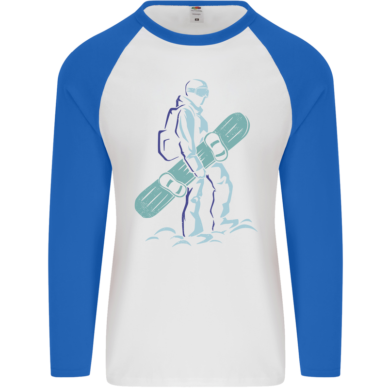 A Snowboarding Figure Snowboarder Mens L/S Baseball T-Shirt White/Royal Blue