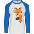 An Orange Fox Illustration Mens L/S Baseball T-Shirt White/Royal Blue