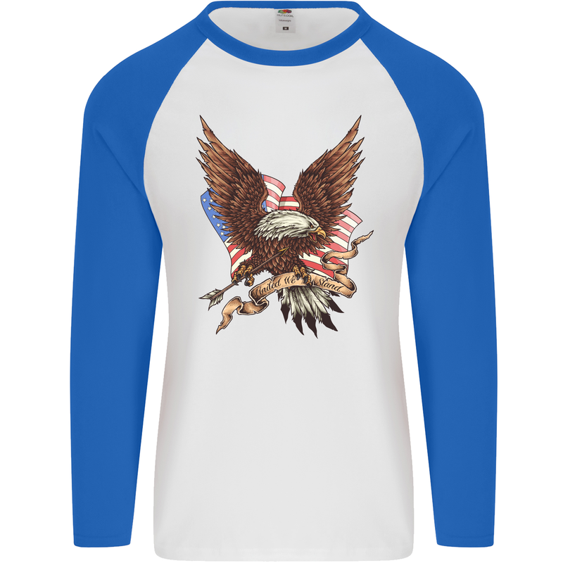 USA Eagle Flag America Patriotic July 4th Mens L/S Baseball T-Shirt White/Royal Blue