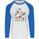 Mookulele Funny Cow Playing Ukulele Guitar Mens L/S Baseball T-Shirt White/Royal Blue