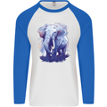 An Elephant Watercolour Mens L/S Baseball T-Shirt White/Royal Blue