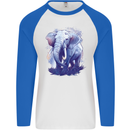 An Elephant Watercolour Mens L/S Baseball T-Shirt White/Royal Blue