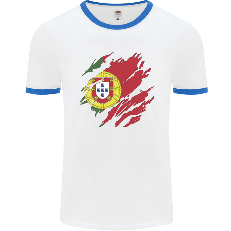 Torn Portugal Flag Portugese Day Football Mens Ringer T-Shirt White/Royal Blue