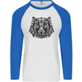 Mandala Art Tiger Mens L/S Baseball T-Shirt White/Royal Blue