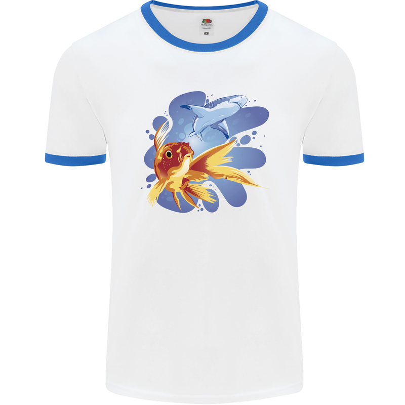 Great White Shark vs Goldfish Mens Ringer T-Shirt White/Royal Blue