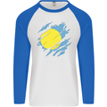 Torn Palau Flag Palauan Day Football Mens L/S Baseball T-Shirt White/Royal Blue